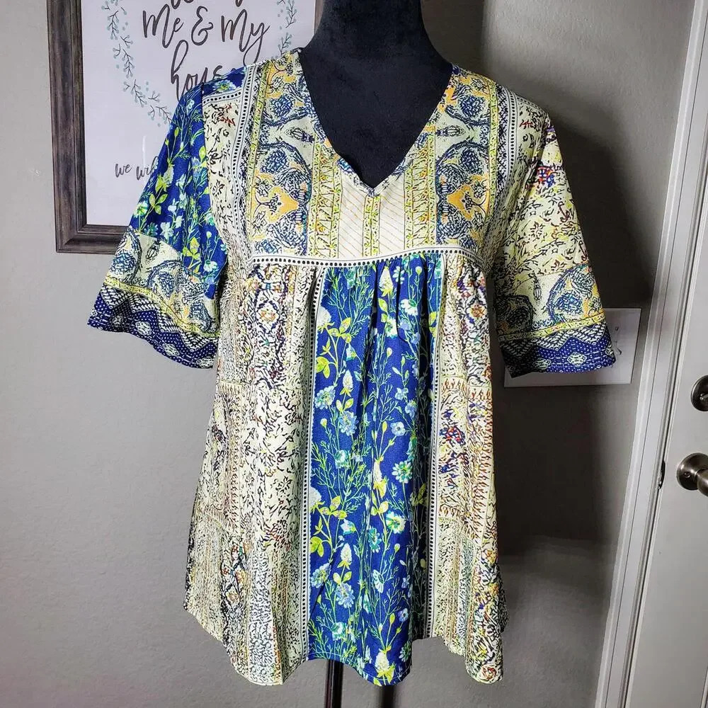 SHEIN Lune Paisley Print Women's V-Neck Boho Floral Blouse Size Medium